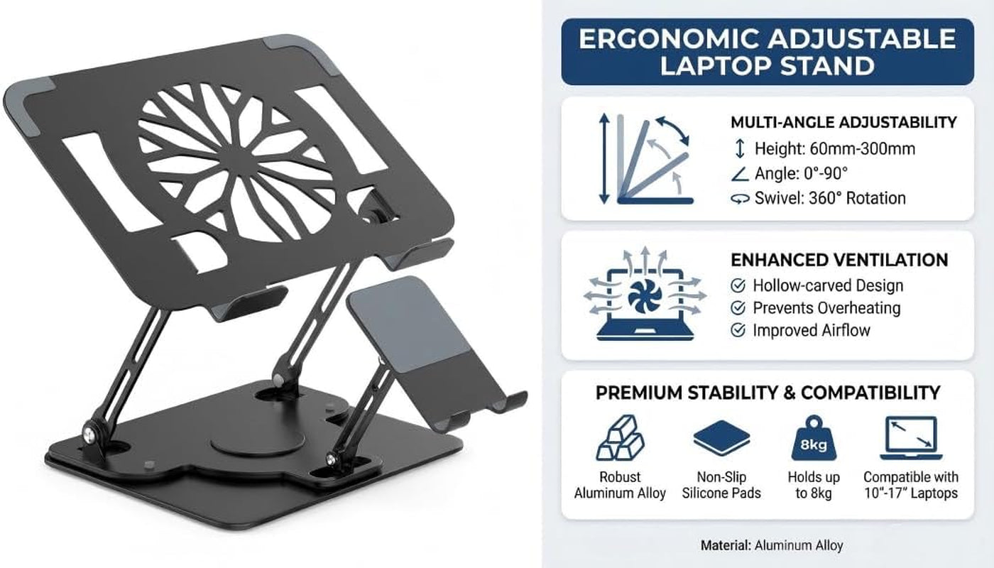 Laptop Stand for Desk,Adjustable Computer Stand with 360° Rotating Base,2-In-1 Laptop Stands with Phone Holder,Ergonomic Laptop Riser for Collaborative Work,Fits for All 10-16" Laptops