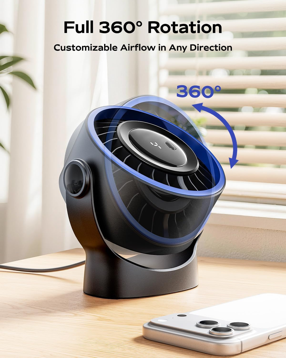 USB Small Desk Fan - 5 Inch Mini Personal Desktop Fan, 4 Speeds Cooling Strong Airflow, 360° Adjustable Tilt, Quiet Portable Table Fans for Bedroom, Home, Office, Travel & Cruise, Black