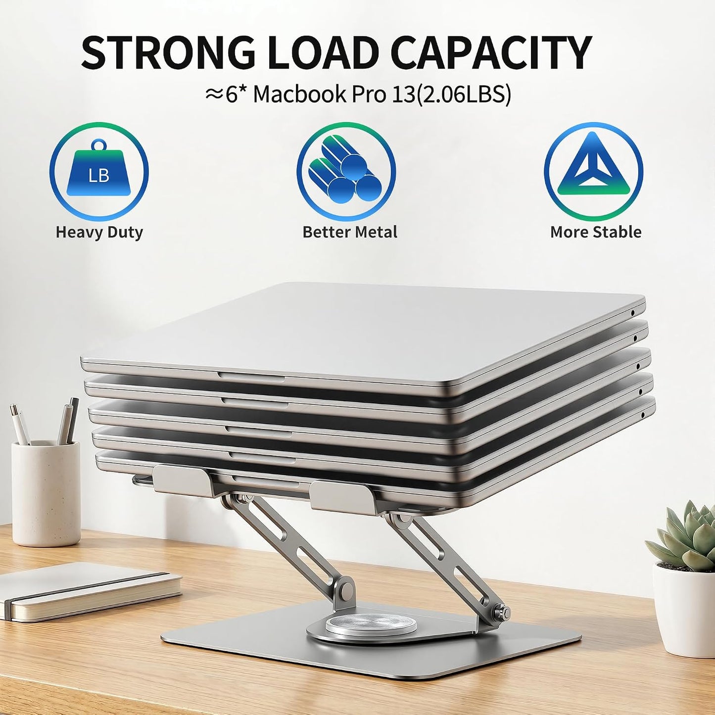 Laptop Stand for Desk with 360° Rotating Base, Multi-Angle Adjustable Laptop Stands, Foldable Laptop Riser Compatible with 10 to 17 Inches PC Computer, Silver