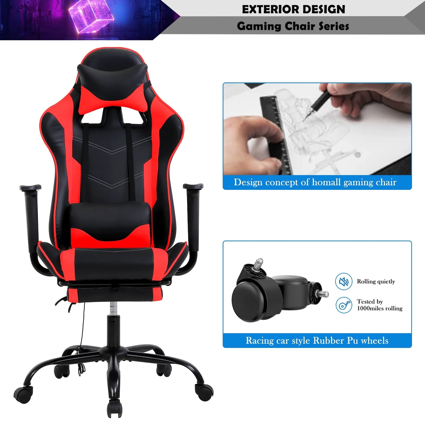 Ergonomic Racing Office Chair with Massage Function, PU Leather Recliner, Lumbar Support, Headrest, Armrest, Footrest, and Swivel Base for Adults - Red