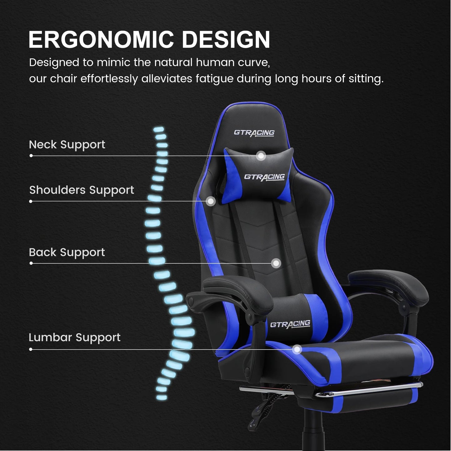 Ergonomic GTWD-200 Gaming and Office Chair with Adjustable Lumbar Support and Footrest in Blue
