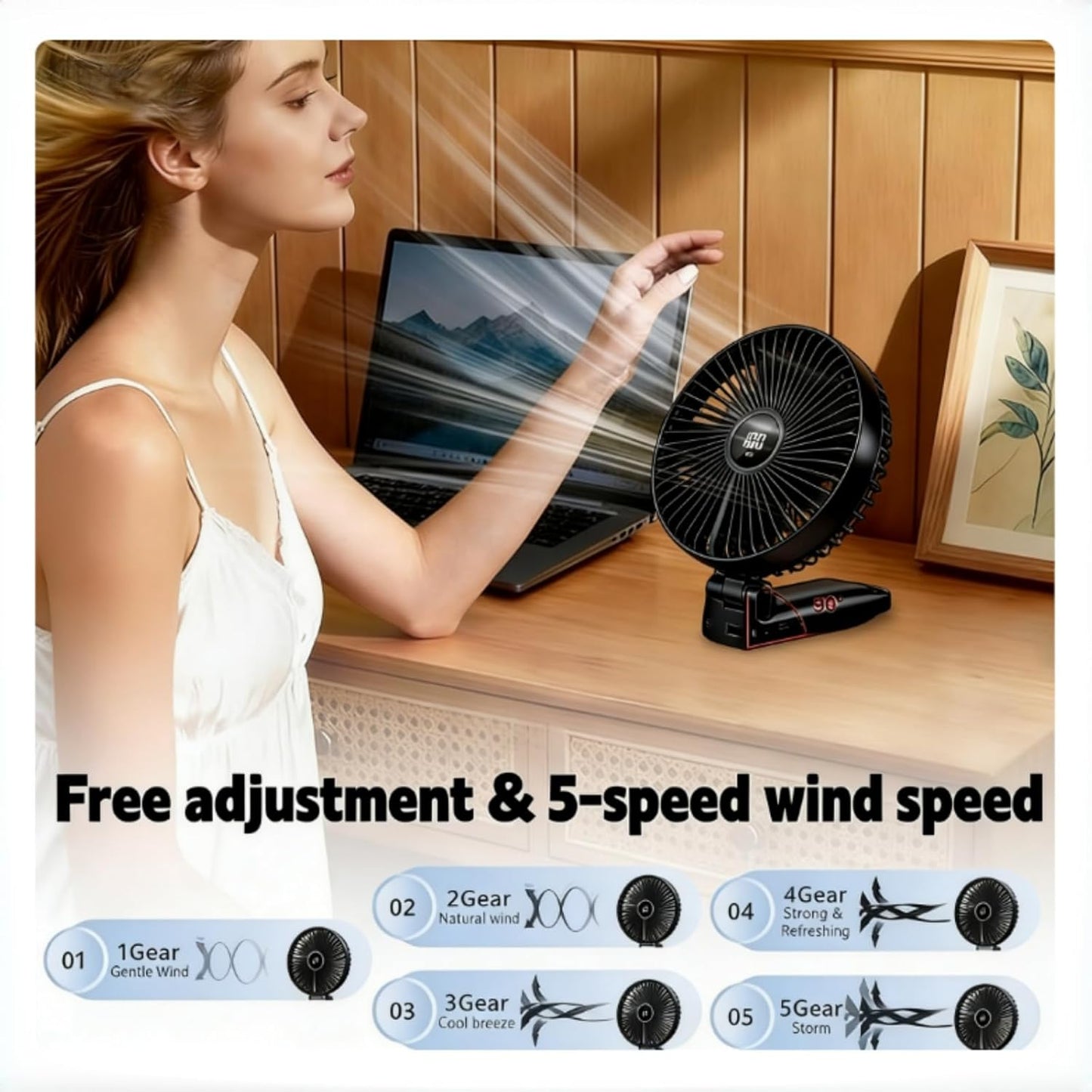 Large Portable Handheld Desk Fan, 6 Inch Blades for Travel | 180° Foldable, 5 Speeds, LED Display, Battery Rechargeable USB, up to 8.5H Working Time,Indoor,Ourdoor,Camping