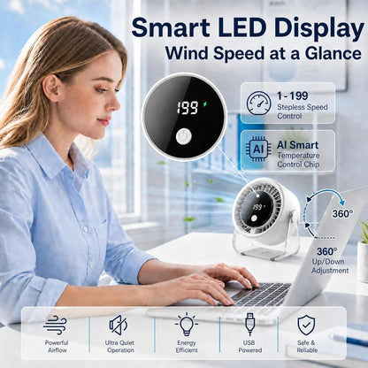 Portable Desk Fan for Bedroom, 199 Speeds Rechargeable USB Table Fan with 4000Mah Battery, 360° Rotation, LED Display, Quiet Wall-Mountable Personal Cooling Fan for Home Office (White)