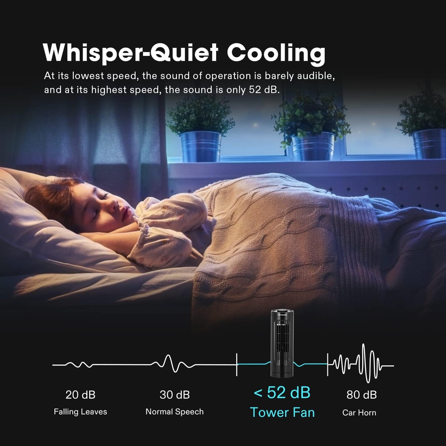 VIVOSUN 13'' Tower Fan, Bladeless Desk Fan, for Cooling Air Circulation Anywhere, 3 Speeds 70° Oscillation, Quiet Portable Desk Fan for Home Office, Black