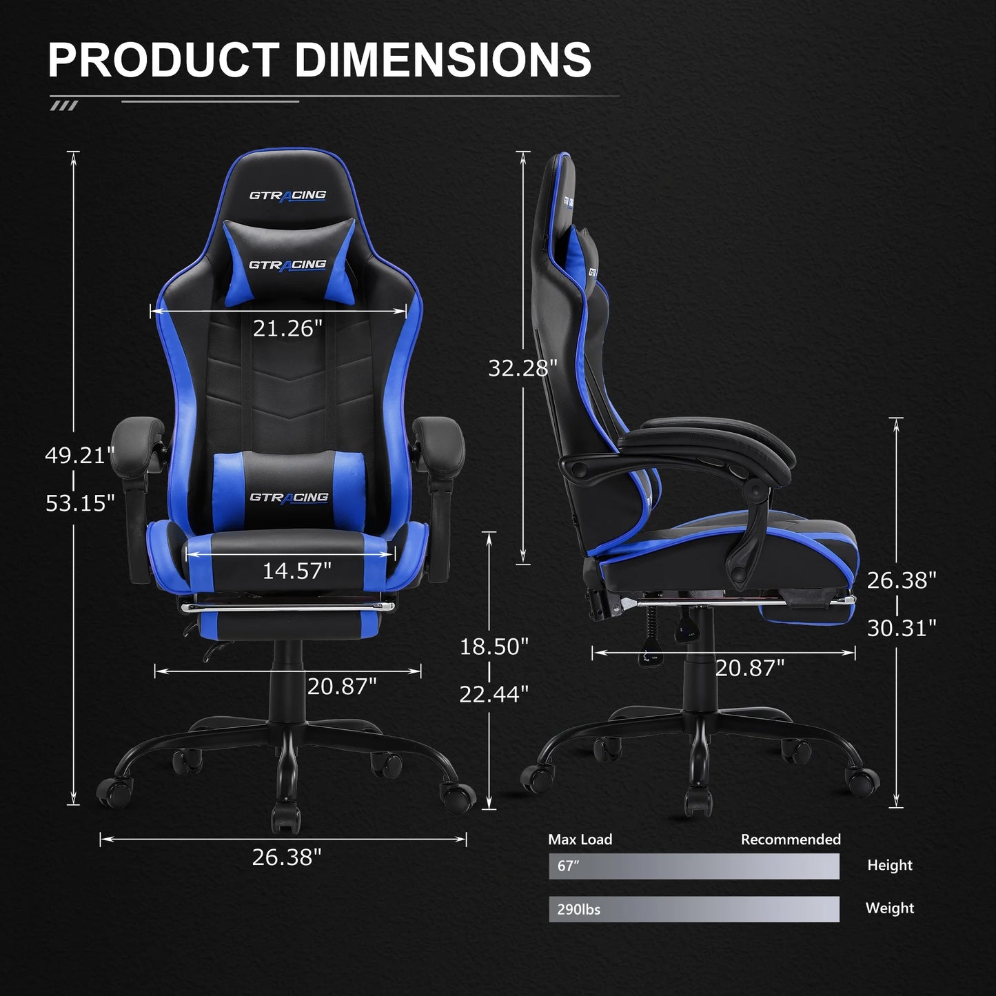 Ergonomic GTWD-200 Gaming and Office Chair with Adjustable Lumbar Support and Footrest in Blue
