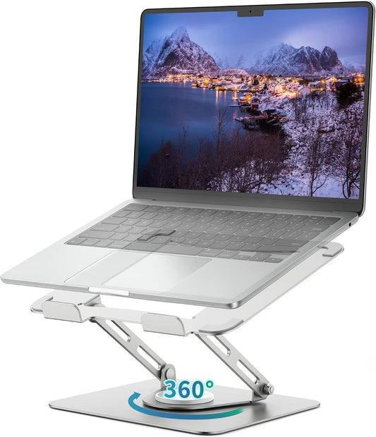 Laptop Stand for Desk with 360° Rotating Base, Multi-Angle Adjustable Laptop Stands, Foldable Laptop Riser Compatible with 10 to 17 Inches PC Computer, Silver