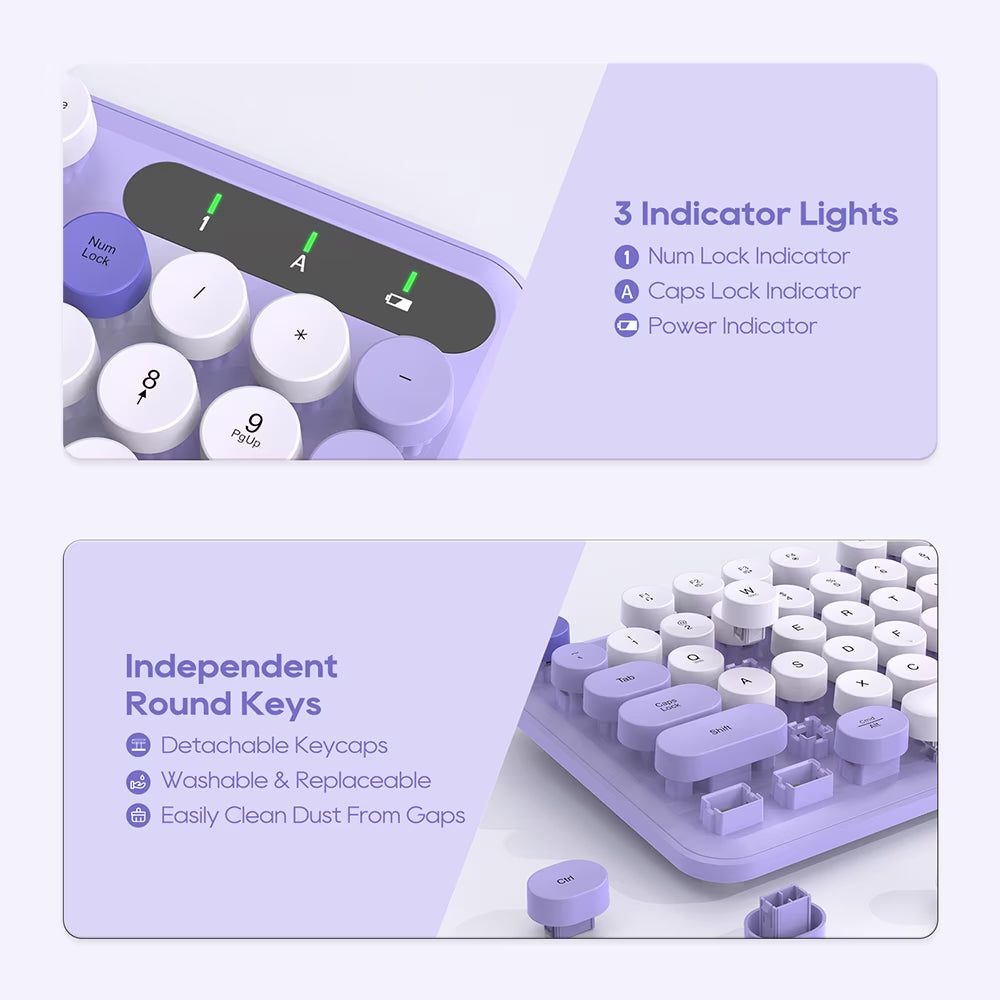 Wireless Keyboard & Mouse Set– Retro round Keycaps, Detachable Wrist Rest, 2.4Ghz Cordless Connection for Mac/Windows/Pc-Purple