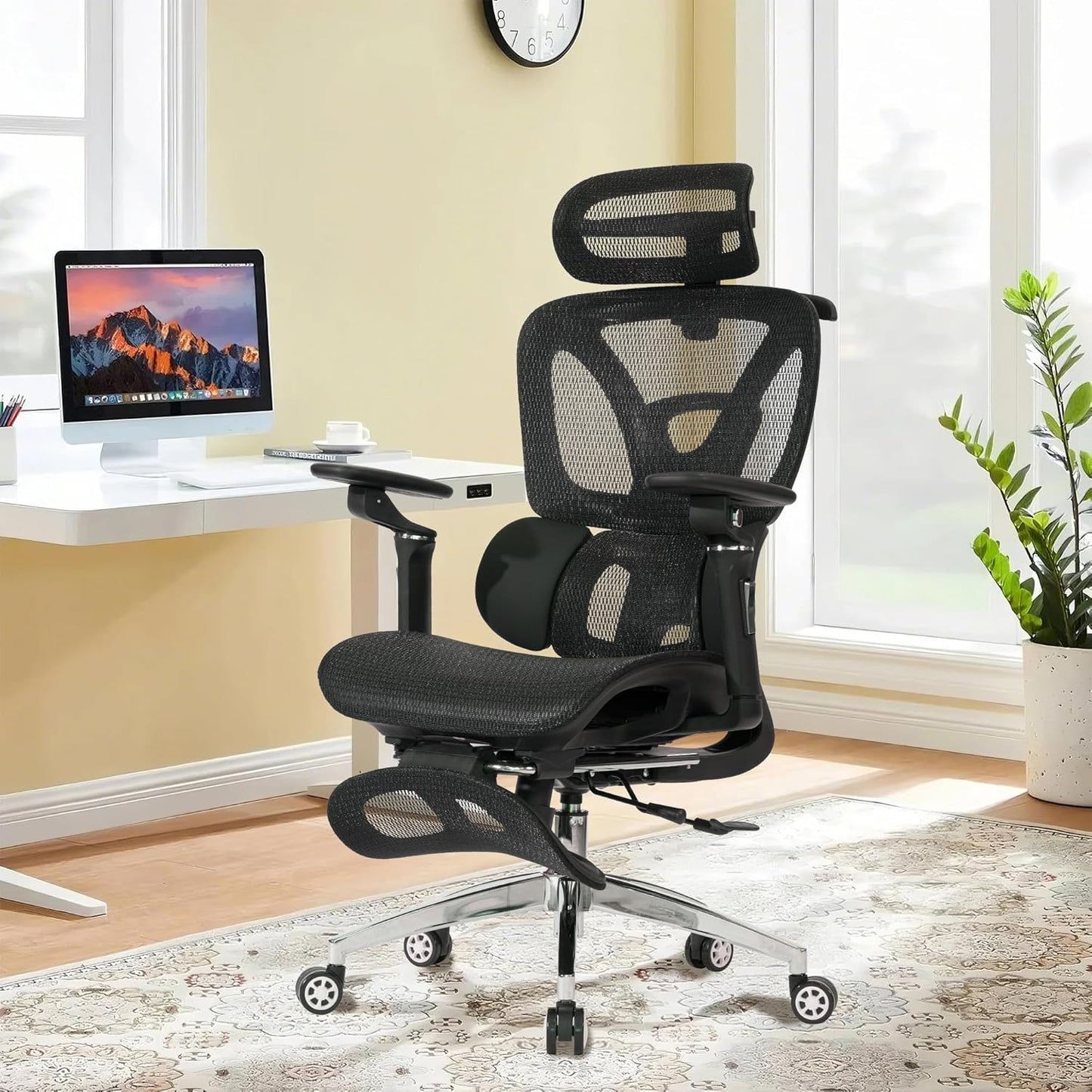 Ergonomic Mesh Office and Gaming Chair with Footrest, High Back Design, 3D Lumbar Support, 130° Tilt, Adjustable Seat Depth, 6D Armrests, and 3D Headrest (Black Pro)