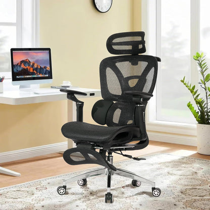 Ergonomic Mesh Office and Gaming Chair with Footrest, High Back Design, 3D Lumbar Support, 130° Tilt, Adjustable Seat Depth, 6D Armrests, and 3D Headrest (Black Pro)