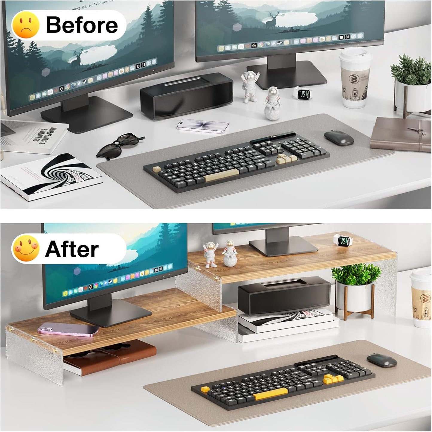 Adjustable Monitor Stand Riser with Acrylic Legs丨9.4" Wide Dual Monitor Stand for Desk丨2-Tier Wood Desktop Organizer for Computer, Laptop, Printer & Pc丨Modern Aesthetic Desk Shelf(Wood-Glacial Striae)