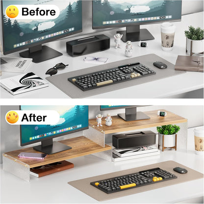 Adjustable Monitor Stand Riser with Acrylic Legs丨9.4" Wide Dual Monitor Stand for Desk丨2-Tier Wood Desktop Organizer for Computer, Laptop, Printer & Pc丨Modern Aesthetic Desk Shelf(Wood-Glacial Striae)