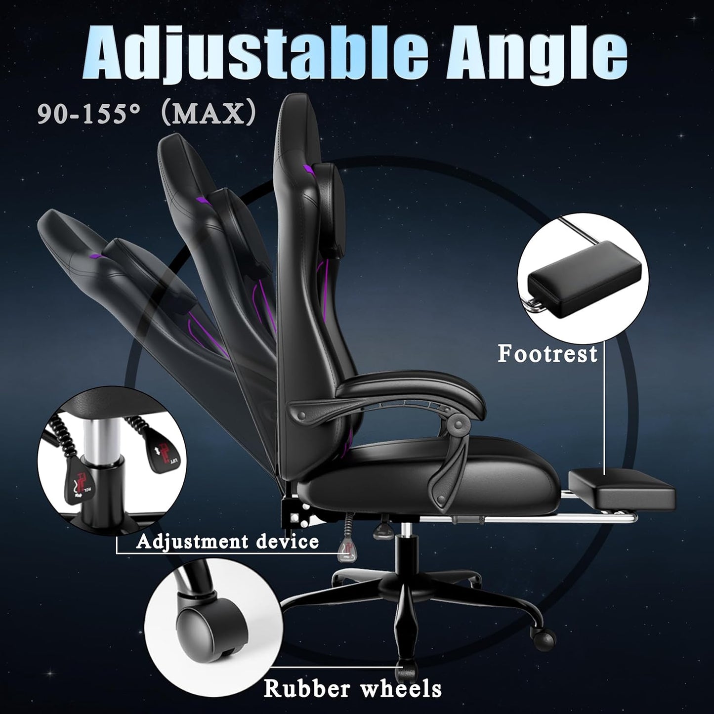 Ergonomic Gaming Chair with Pocket Spring Cushion and Footrest, Adjustable Height Computer Chair with Swivel Seat and Headrest (Purple)