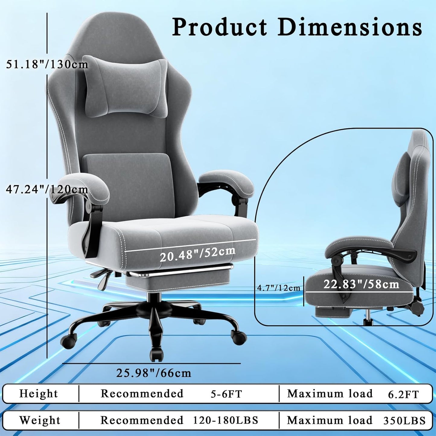 Ergonomic Massage Gaming Chair with Lumbar Support and Footrest, Height Adjustable Fabric Computer Chair with Pocket Spring Cushion (Gray)