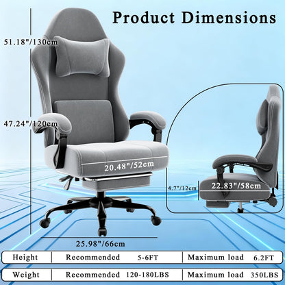 Ergonomic Massage Gaming Chair with Lumbar Support and Footrest, Height Adjustable Fabric Computer Chair with Pocket Spring Cushion (Gray)