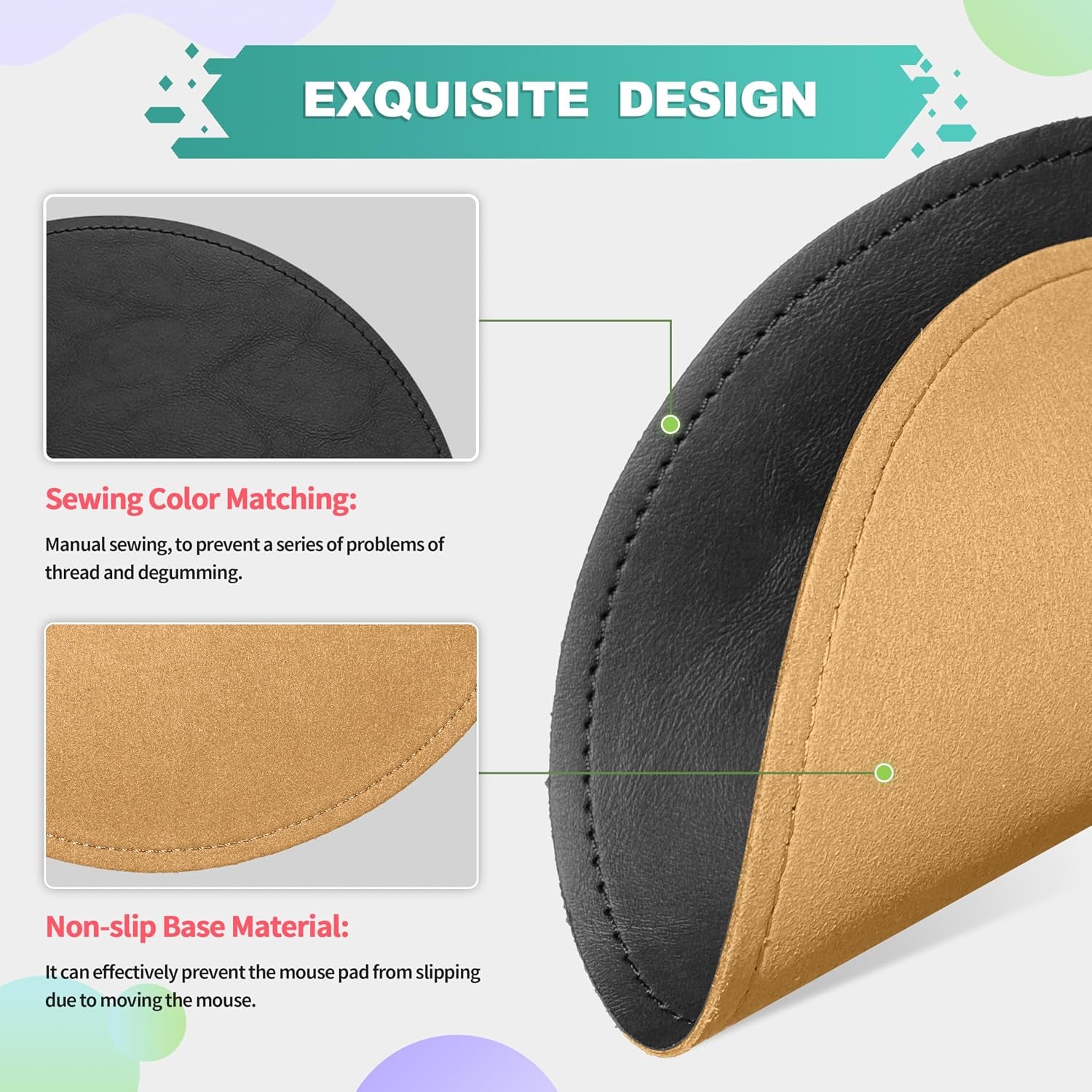Round Leather Mouse Pad with Stitched Edge and Non-Slip Waterproof Microfiber Base, 9 x 9 Inches (Charcoal Black)