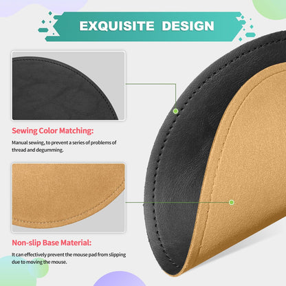 Round Leather Mouse Pad with Stitched Edge and Non-Slip Waterproof Microfiber Base, 9 x 9 Inches (Charcoal Black)