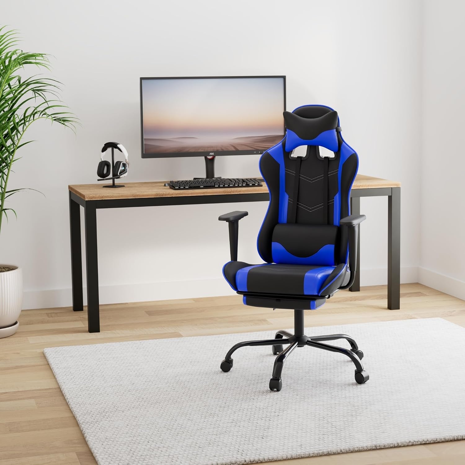 Ergonomic Blue Gaming Chair | Reclining Computer Chair with Lumbar Support, Headrest Pillow, and Adjustable Footrests | 360-Degree Swivel with Heavy-Duty Wheels | Ideal for Home and Office