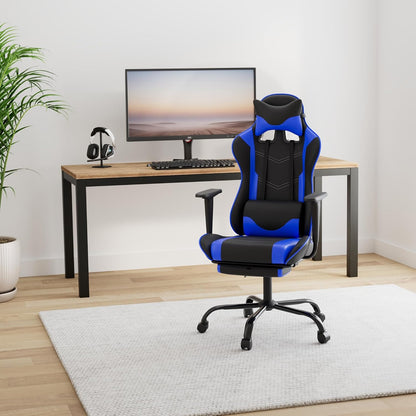 Ergonomic Blue Gaming Chair | Reclining Computer Chair with Lumbar Support, Headrest Pillow, and Adjustable Footrests | 360-Degree Swivel with Heavy-Duty Wheels | Ideal for Home and Office