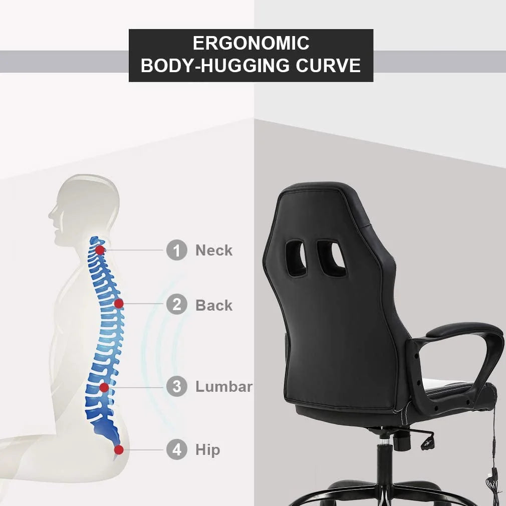 Ergonomic Gaming Chair with Lumbar Support and Rolling Swivel, Suitable for Men and Women (White)