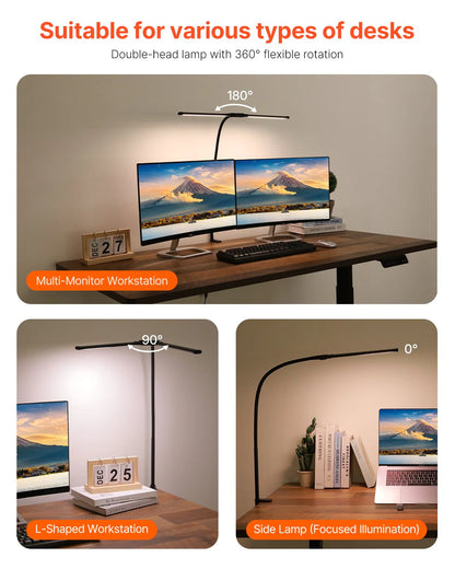 Professional LED Desk Lamp with Dual Adjustable Gooseneck and Clamp Design