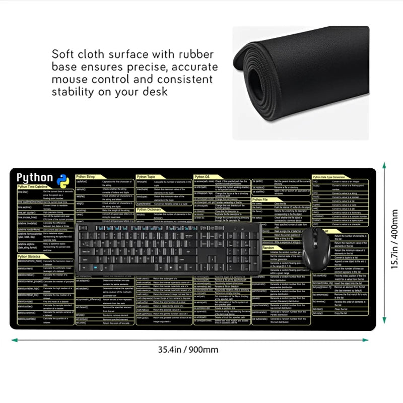 Python Coding Reference Mouse Pad - Large Non-Slip Stitched Edge Desk Mat for Programmers - Ideal for Gaming and Office Use