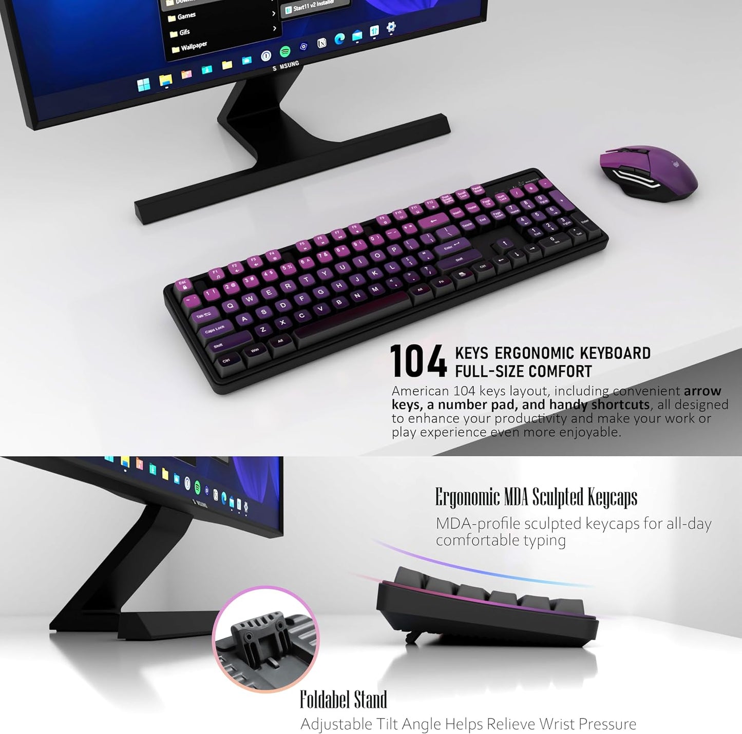 Wireless Keyboard and Mouse Combo, Rechargeable and Quiet, Full-Size with Number Pad, MDA Sculpted Keycaps, Ergonomic Mouse, 2.4Ghz Cordless Plug & Play for Windows PC Laptop Desktop(Lavender Purple