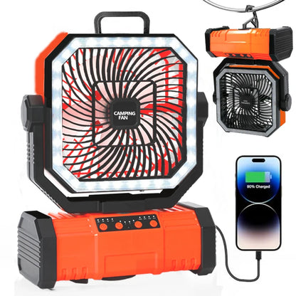 Camping Portable Desk Fan with LED Light Rechargeable Quiet Camping Fan 20000Mah Battery Hanging Hook for Trip Home Bedroom