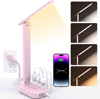 Small LED Desk Lamp Power Strip 5Ft Extension Cord with 3 Outlets 4 USB Ports(2 USB C), 4 Modes, 5 Level Touch Lamp Study Reading Light, Home Office Bedroom College Dorm Room Essentials, Pink