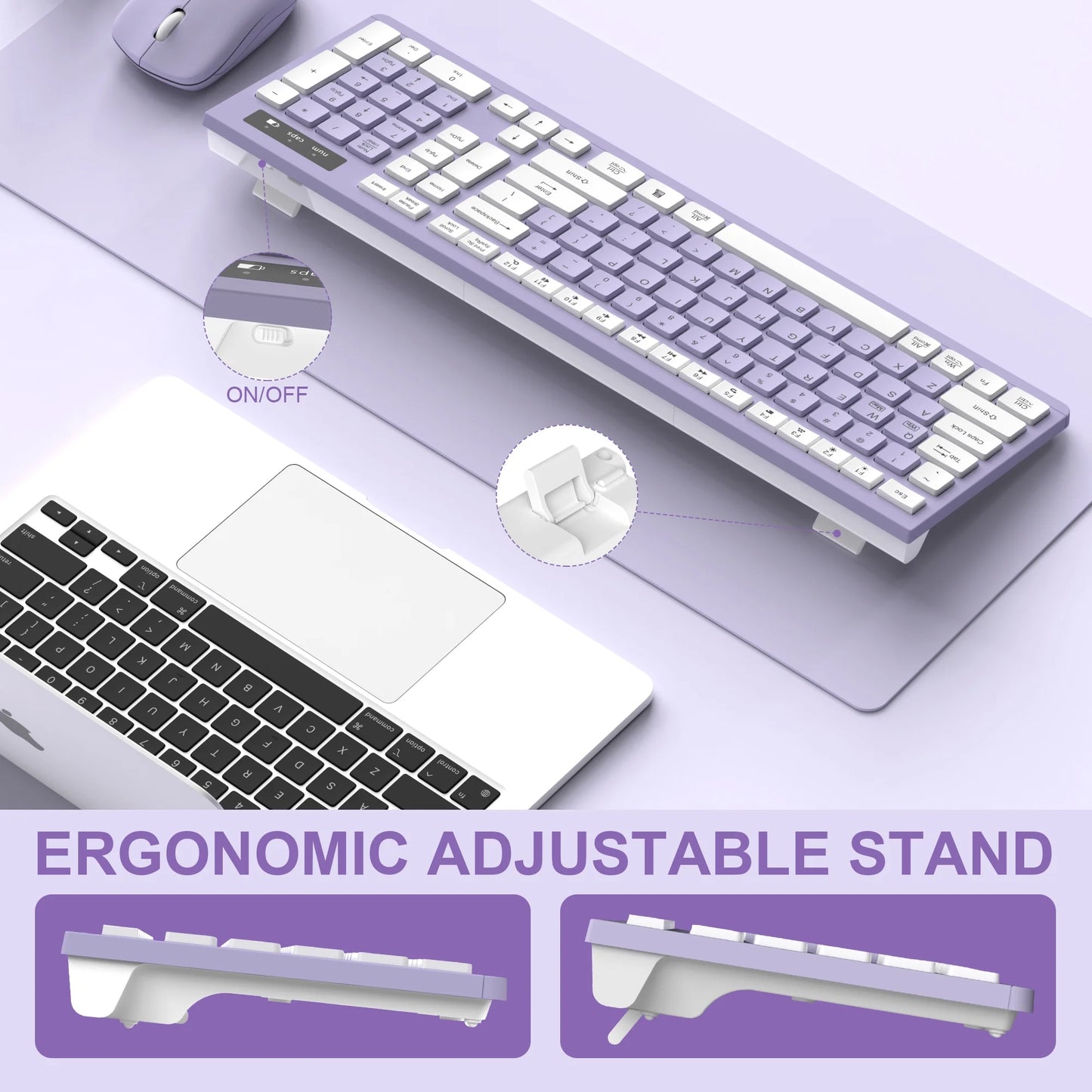 Wireless Keyboard and Mouse Combo , 2.4G Full Size, 12 Multimedia and Shortcut Keys, 3-Year Battery Life, for Windows, Mac OS Desktop/Laptop/Pc(Purple)