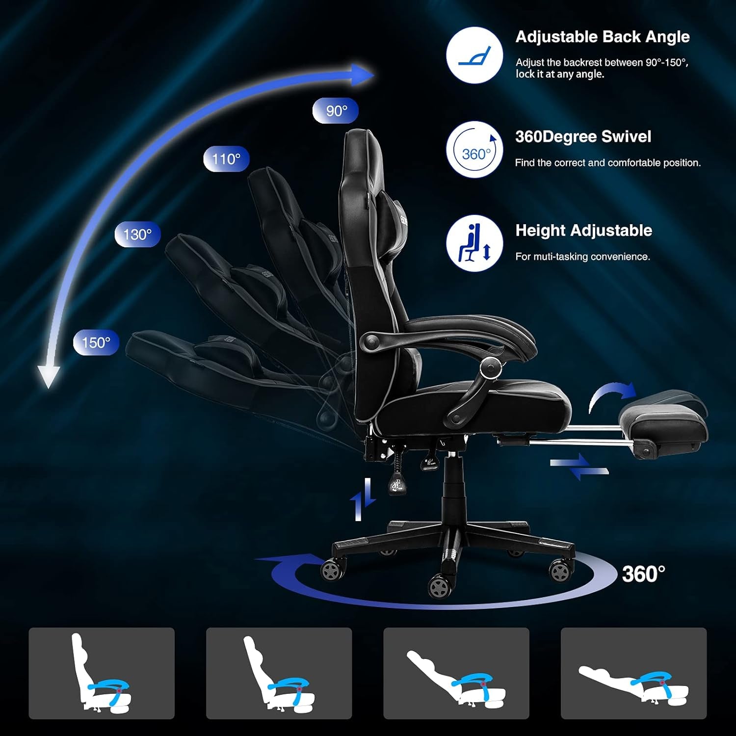 Ergonomic Gaming Chair with Adjustable Backrest and Seat Height, Swivel Recliner Design, Footrest and Lumbar Support, Gray