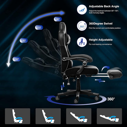 Ergonomic Gaming Chair with Adjustable Backrest and Seat Height, Swivel Recliner Design, Footrest and Lumbar Support, Gray