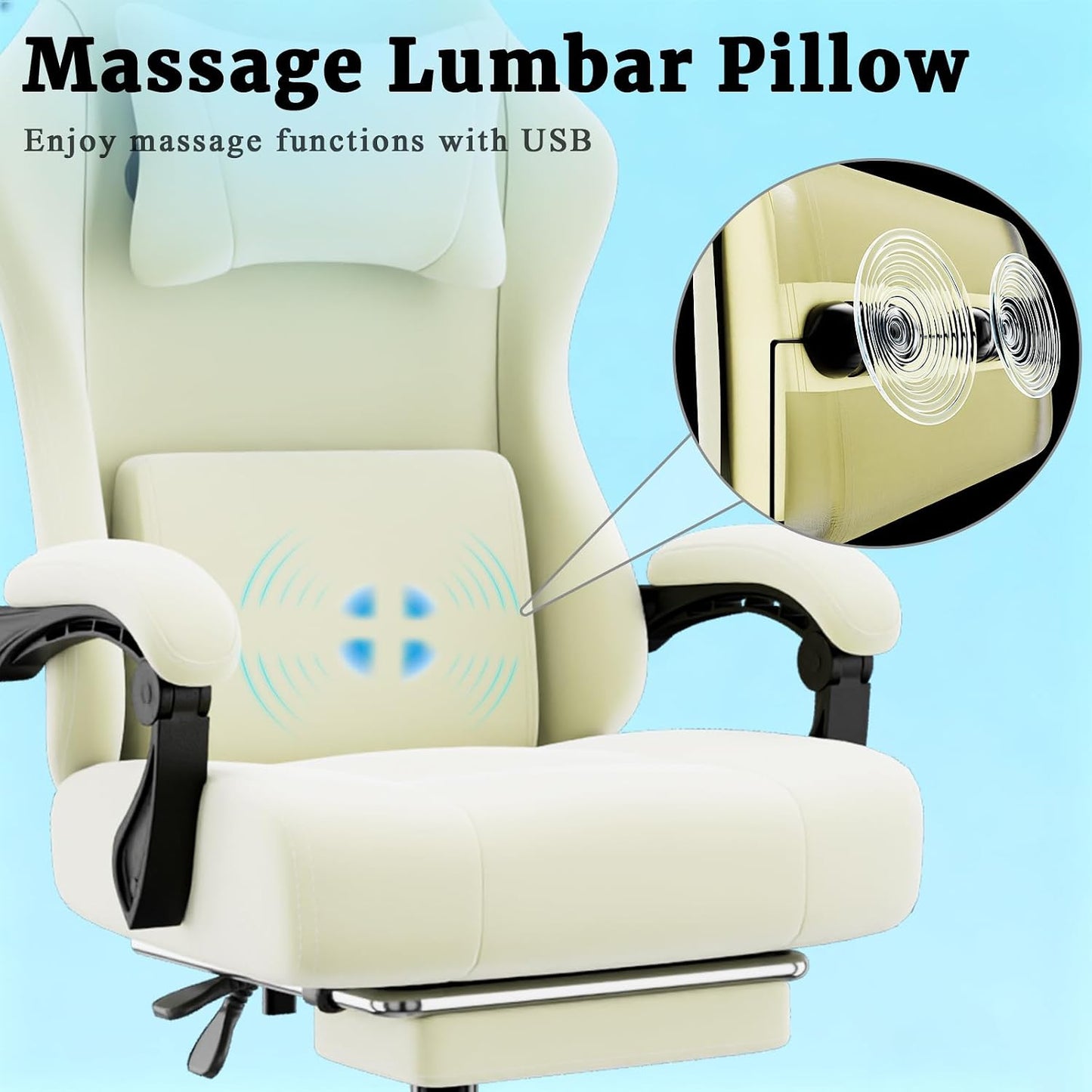 Ergonomic Massage Gaming Chair with Lumbar Support and Footrest, Height Adjustable Fabric Computer Chair with Pocket Spring Cushion in Beige