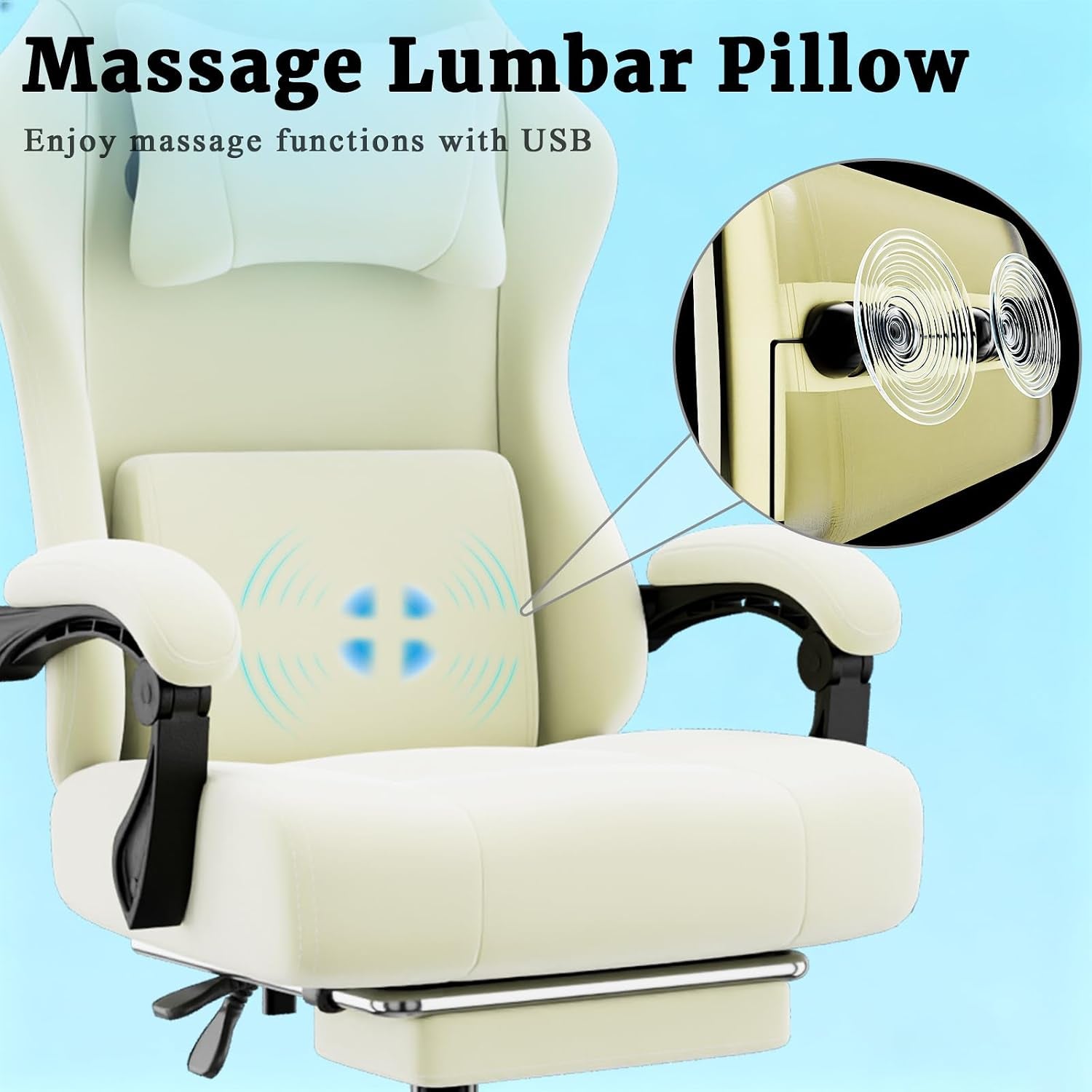 Ergonomic Massage Gaming Chair with Lumbar Support and Footrest, Height Adjustable Fabric Computer Chair with Pocket Spring Cushion in Beige