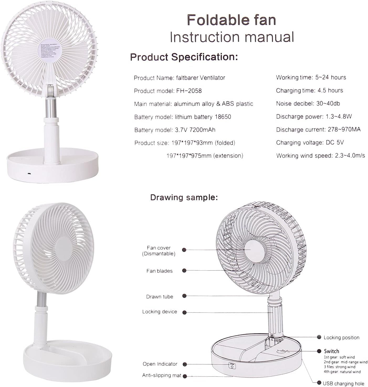 Portable Desk Fan,Foldable Fan Pedestal Stand Floor Fan with Remote Controller Adjustable Height from 14.2'' to 39'', 4 Speeds, 7200Mah Rechargeable Telescopic USB Charging