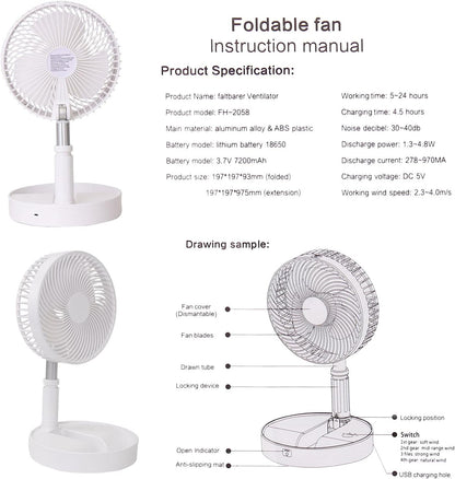 Portable Desk Fan,Foldable Fan Pedestal Stand Floor Fan with Remote Controller Adjustable Height from 14.2'' to 39'', 4 Speeds, 7200Mah Rechargeable Telescopic USB Charging