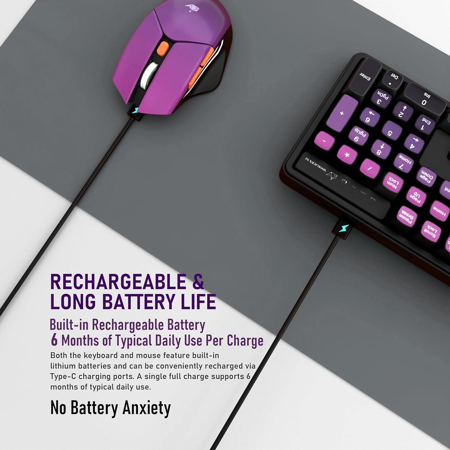 Wireless Keyboard and Mouse Combo, Rechargeable and Quiet, Full-Size with Number Pad, MDA Sculpted Keycaps, Ergonomic Mouse, 2.4Ghz Cordless Plug & Play for Windows PC Laptop Desktop(Lavender Purple
