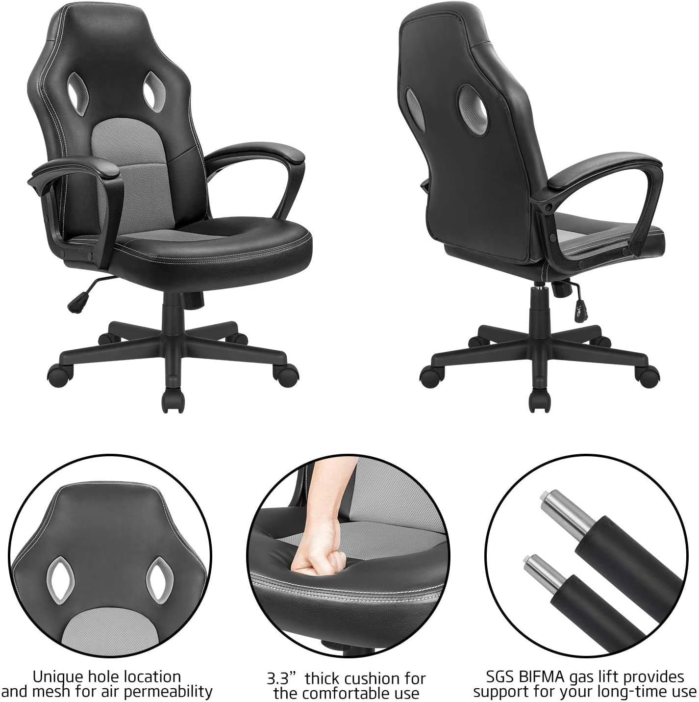High-Back Ergonomic Leather Office Gaming Chair with Adjustable Height - Executive Conference Task Chair (Grey)