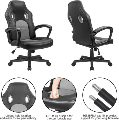 High-Back Ergonomic Leather Office Gaming Chair with Adjustable Height - Executive Conference Task Chair (Grey)