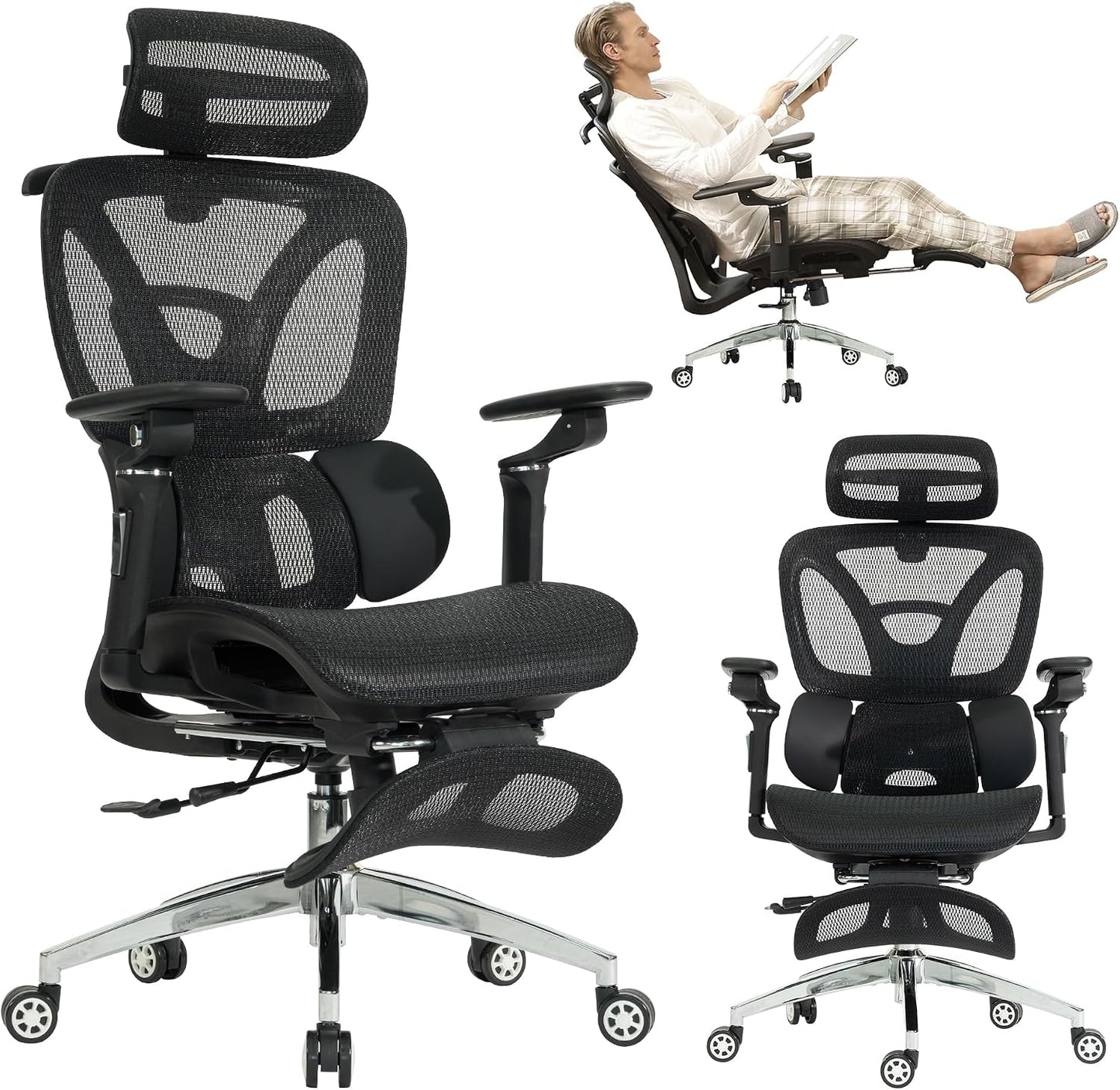 Ergonomic Mesh Office and Gaming Chair with Footrest, High Back Design, 3D Lumbar Support, 130° Tilt, Adjustable Seat Depth, 6D Armrests, and 3D Headrest (Black Pro)