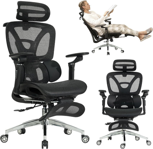 Ergonomic Mesh Office and Gaming Chair with Footrest, High Back Design, 3D Lumbar Support, 130° Tilt, Adjustable Seat Depth, 6D Armrests, and 3D Headrest (Black Pro)