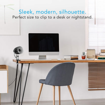 Pivot Clip Personal Air Circulator, 3-Speed, Portable Desk Fan with Multi-Surface Clip, 360-Degree Adjustable Axis, 9 in Tall, 4 in Diameter, Whisper Quiet, Black