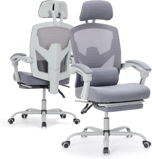 Ergonomic High Back Office Chair with Footrest and Lumbar Support, Adjustable Recline and Mesh Back for Home and Gaming, Grey
