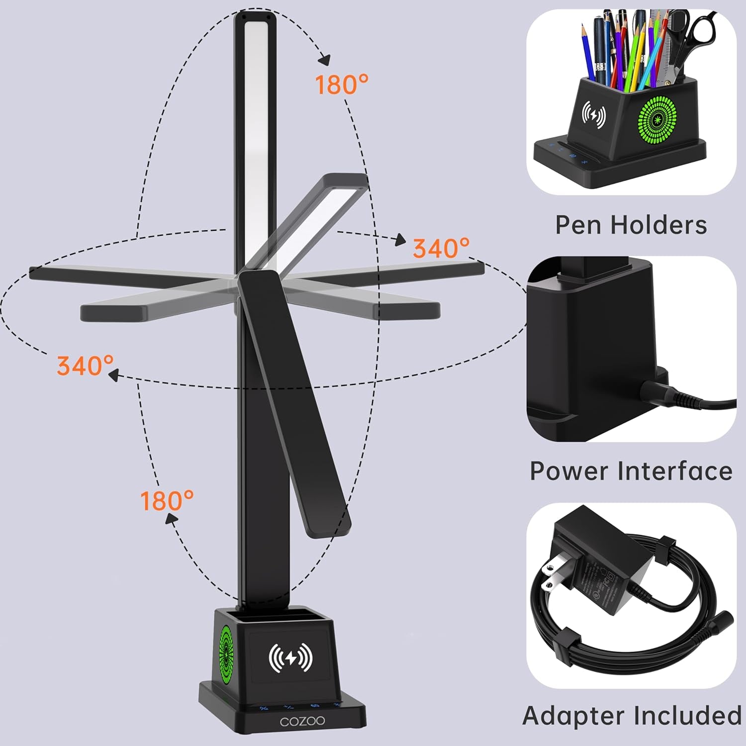 LED Desk Lamp for Home Office, Desk Light with 15W Wireless Charger Pen Holder, 12 Lighting Modes Desk Lamp for Bedroom, Small Table Lamp for College Dorm, Study, Craft, Nail, Foldable Black