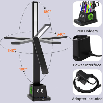 LED Desk Lamp for Home Office, Desk Light with 15W Wireless Charger Pen Holder, 12 Lighting Modes Desk Lamp for Bedroom, Small Table Lamp for College Dorm, Study, Craft, Nail, Foldable Black