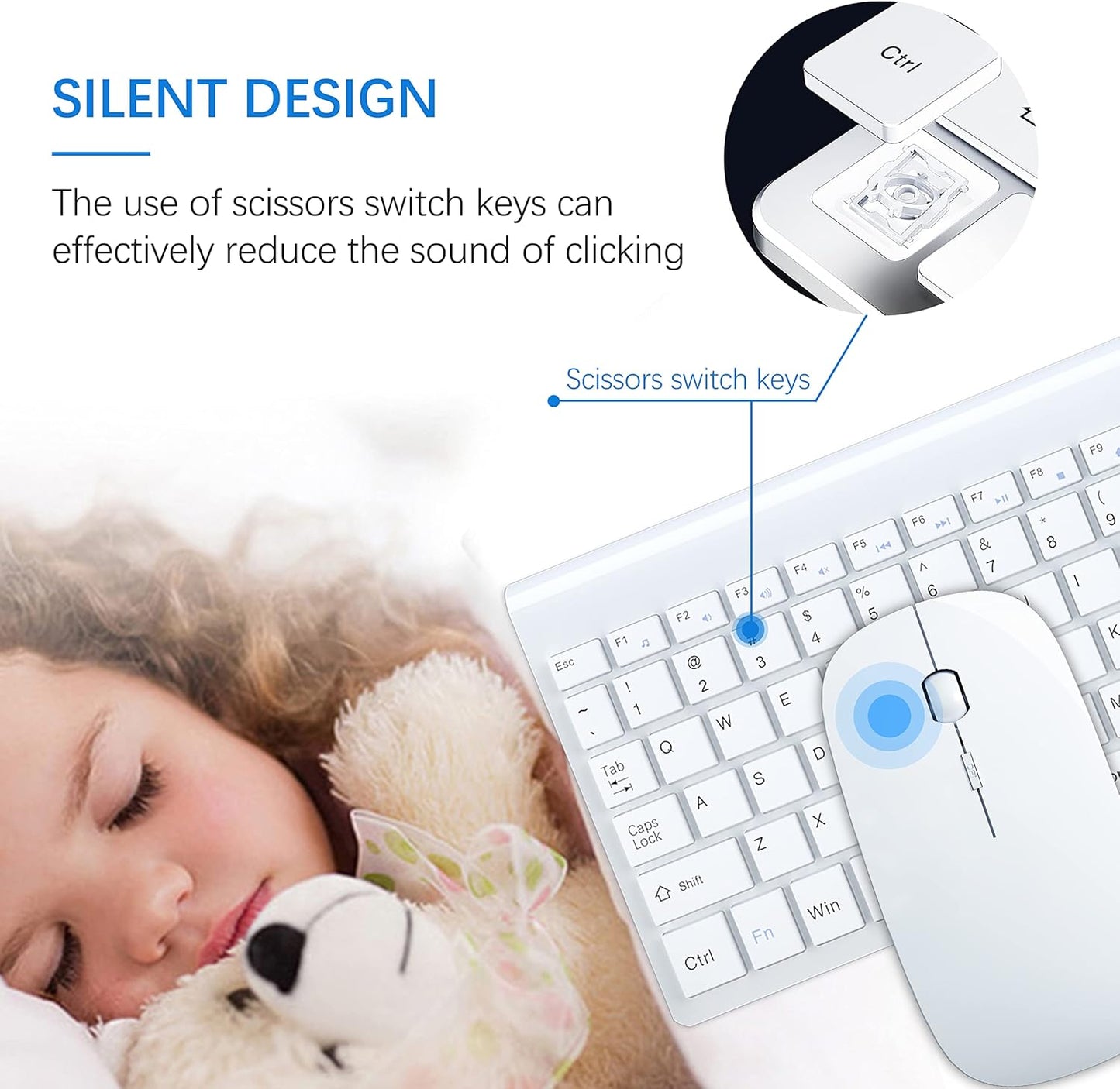 Wireless Keyboard and Mouse Ultra Slim Combo,  2.4G Silent Compact USB 2400DPI Mouse and Scissor Switch Keyboard Set with Cover, Batteries Included, for Pc/Laptop/Windows/Mac - White