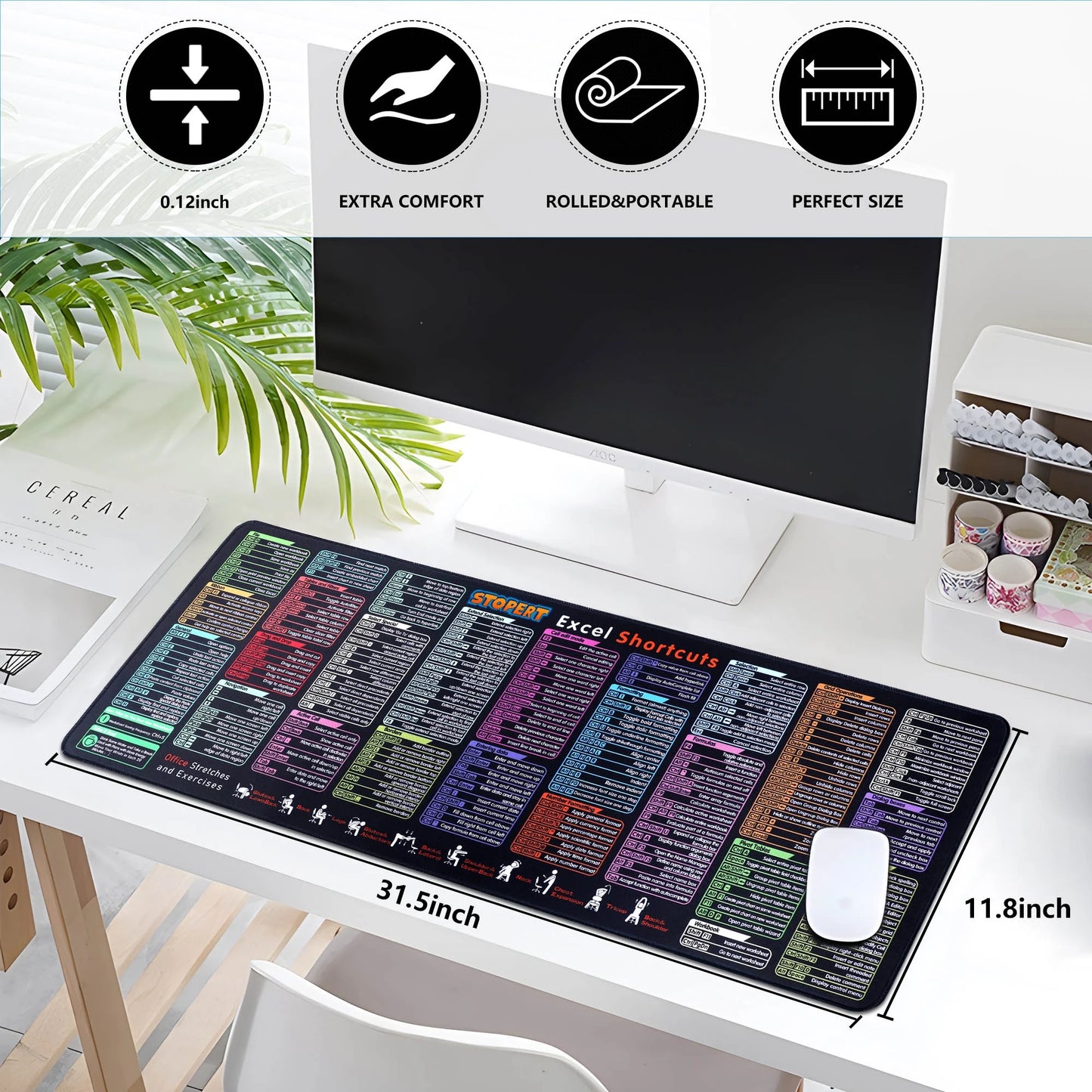 XL Office Excel Cheat Sheet Desk Pad Mat - Large Waterproof Anti-Slip Mouse Pad with Keyboard Shortcuts - 31.5” x 11.8”