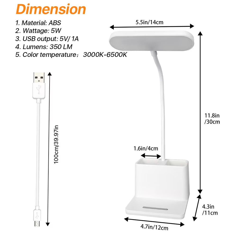 Led Desk Lamp for an Office in Home with Pen and Phone Hold - 3 Modes Dimable LED Table Lamp with USB Port