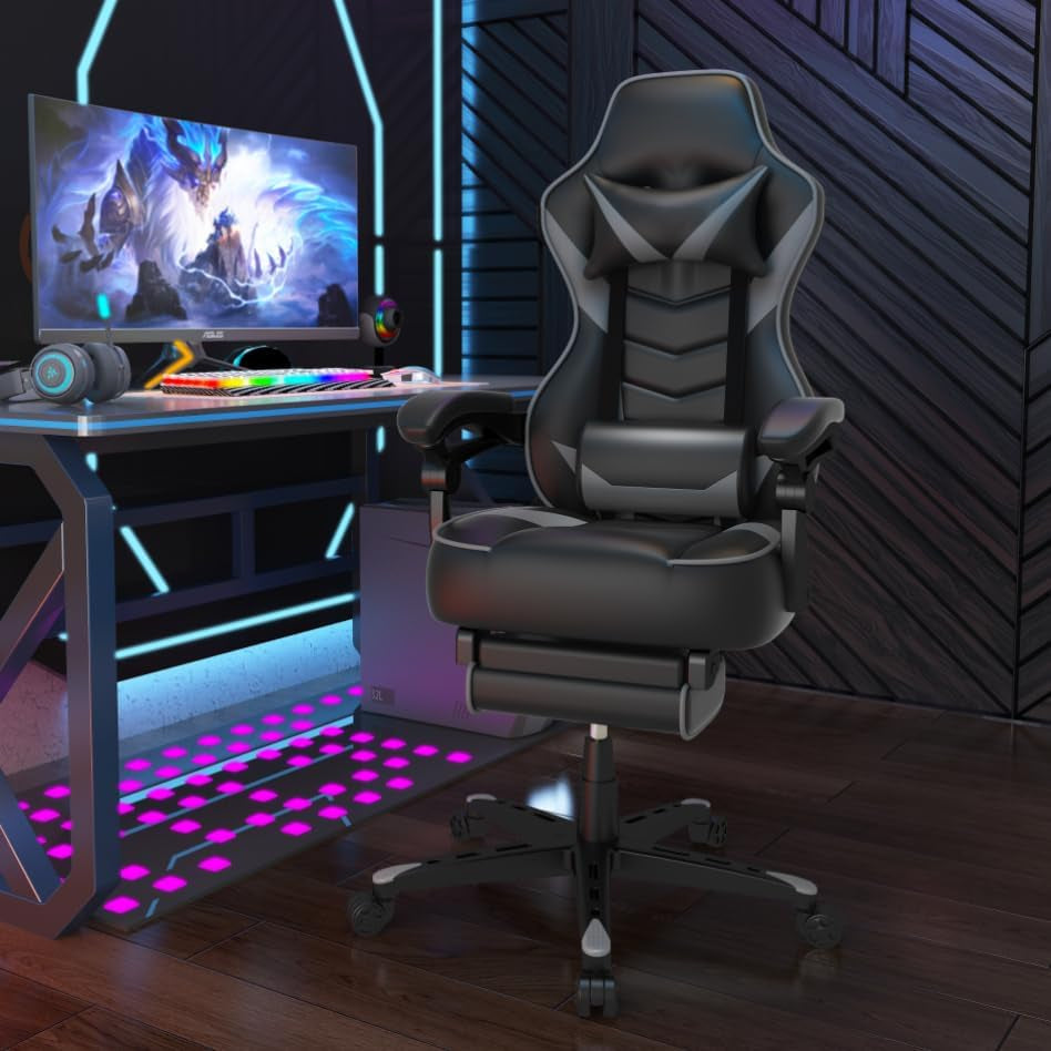 Ergonomic Gaming Chair with Adjustable Backrest and Seat Height, Swivel Recliner Design, Footrest and Lumbar Support, Gray
