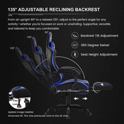 Ergonomic GTWD-200 Gaming and Office Chair with Adjustable Lumbar Support and Footrest in Blue