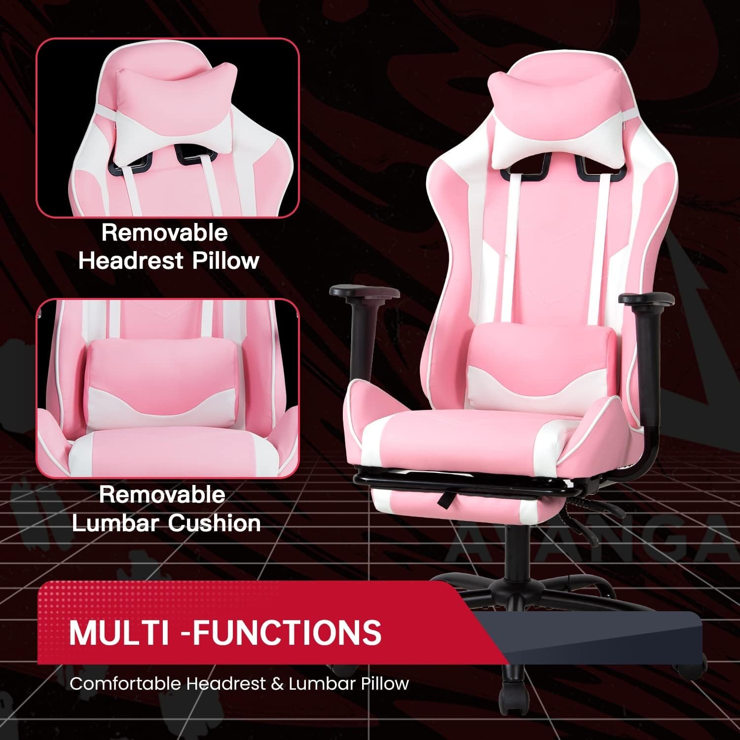 Ergonomic Pink Gaming Chair with Reclining Feature, Lumbar Support, Headrest Pillow, and Adjustable Footrests - 360-Degree Swivel and Heavy-Duty Wheels for Home and Office Use